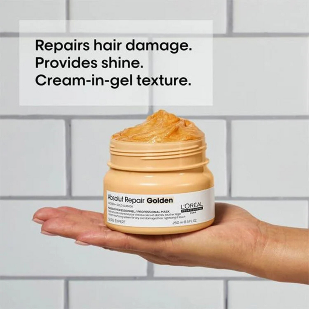 Masque Doré Resurfaçant Absolut Repair L'Oréal Professionnel 250 ml sur fond blanc