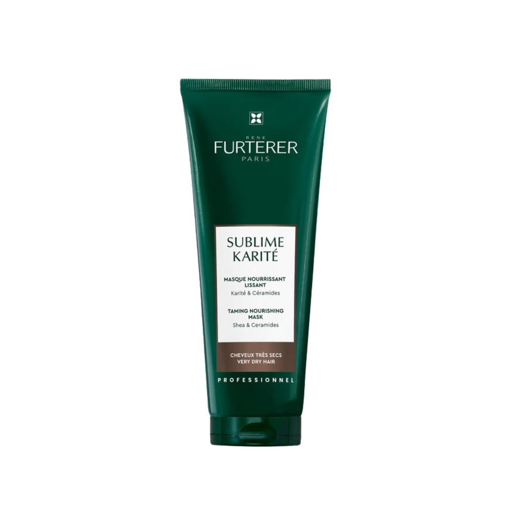 Pot de Masque Sublime Karité de René Furterer, nourrissant lissant, pour cheveux très secs, sur fond neutre.