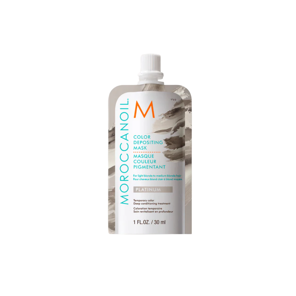 Pot du Masque Platine Moroccanoil, crème capillaire blond platine pour cheveux blonds clairs à moyens, soin colorant temporaire et nourrissant.