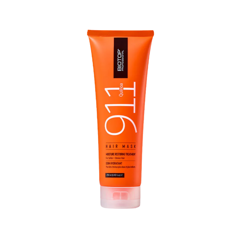 Pot de masque capillaire Biotop 911 Quinoa 350 ml, étiquette sobre et design élégant.