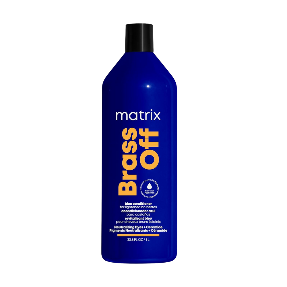 « Tube de Matrix Brass Off Blue Pigmented Conditioner pour brunettes éclaircies − flacon bleu‑violet pigmenté »