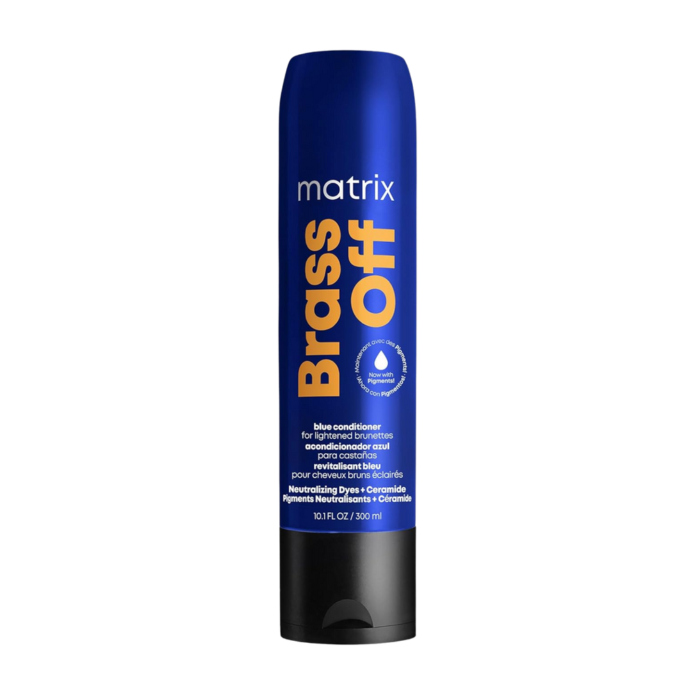 « Tube de Matrix Brass Off Blue Pigmented Conditioner pour brunettes éclaircies − flacon bleu‑violet pigmenté »