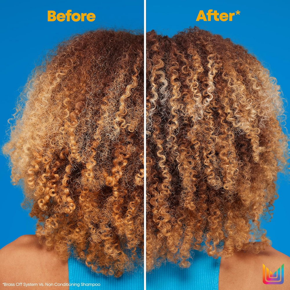 « Tube de Matrix Brass Off Blue Pigmented Conditioner pour brunettes éclaircies − flacon bleu‑violet pigmenté »