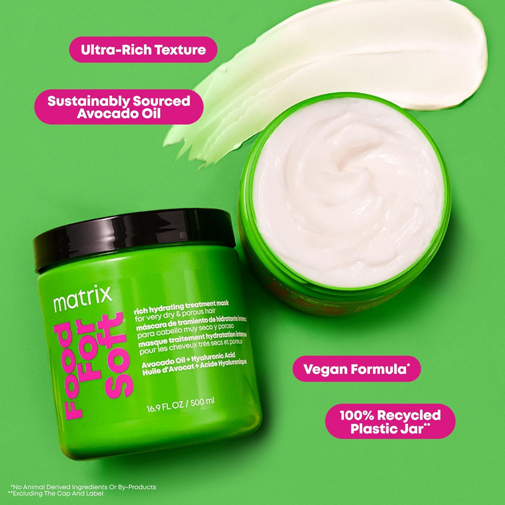 “Matrix Food For Soft Rich Hydrating Treatment Mask — pot 500 ml, masque vegan à l’huile d’avocat et acide hyaluronique, cheveux hydratés et doux”
