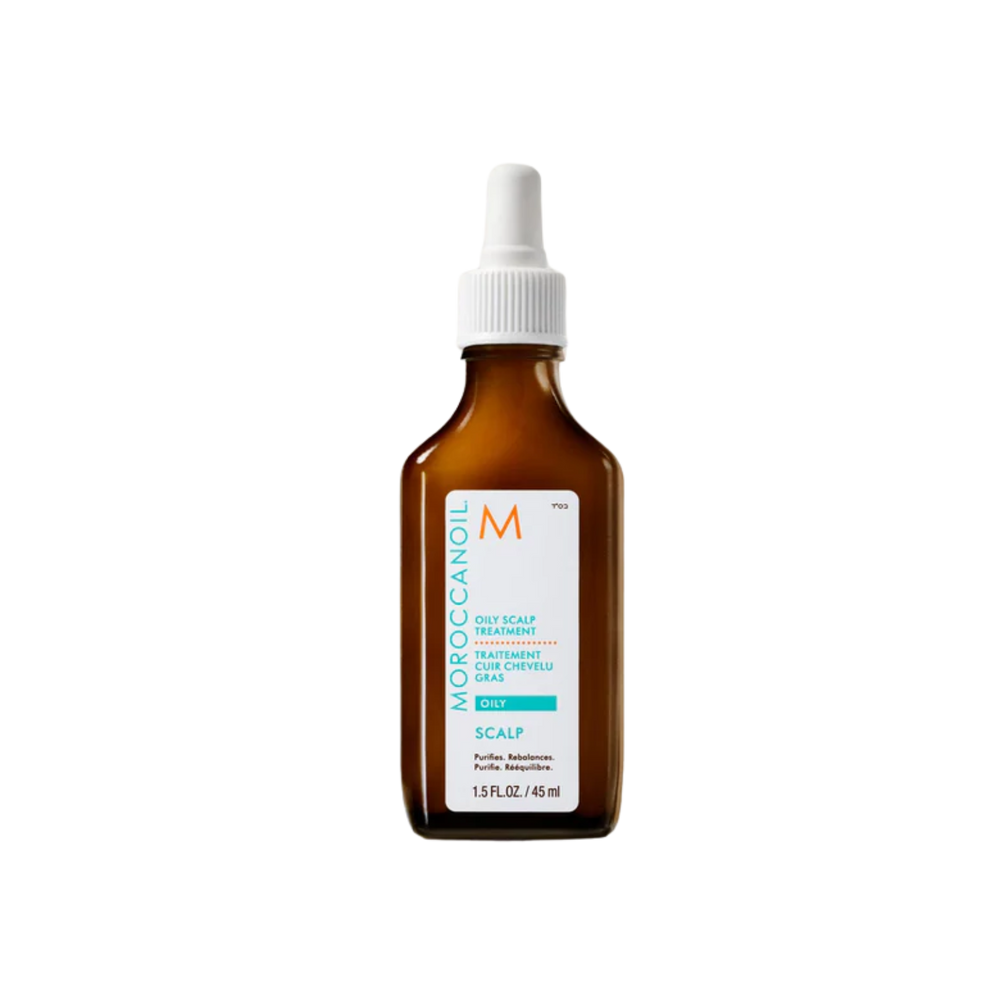 Flacon du traitement cuir chevelu Moroccanoil Oily Scalp Treatment, sérum pré‑shampooing purifiant pour cuir chevelu gras