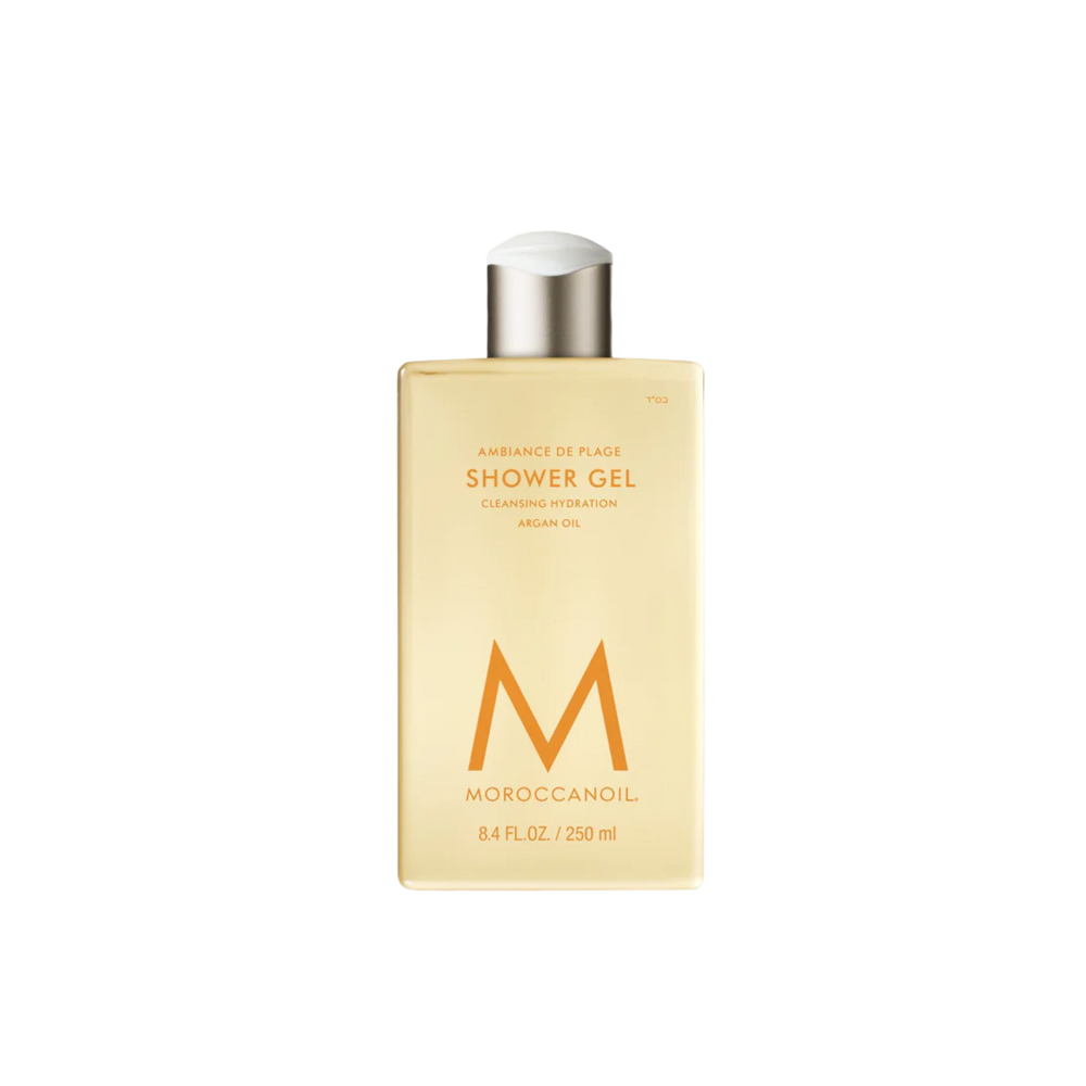 Flacon 250 ml Moroccanoil Shower Gel Ambiance de Plage – gel douche hydratant parfum gardénia, noix de coco et ananas à l’huile d’argan.
