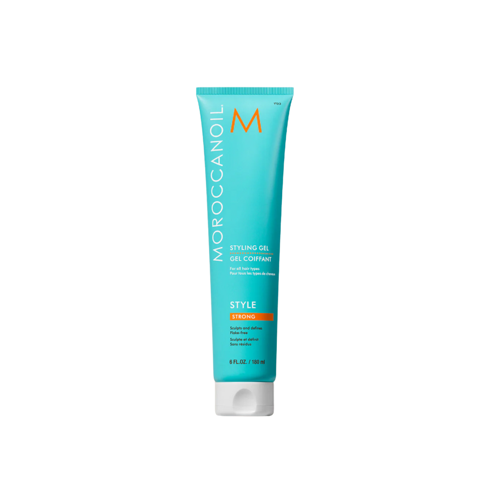 Pot 180 ml de Moroccanoil Styling Gel Strong, gel coiffant haute tenue infusé à l’huile d’argan pour une fixation durable sans résidus.