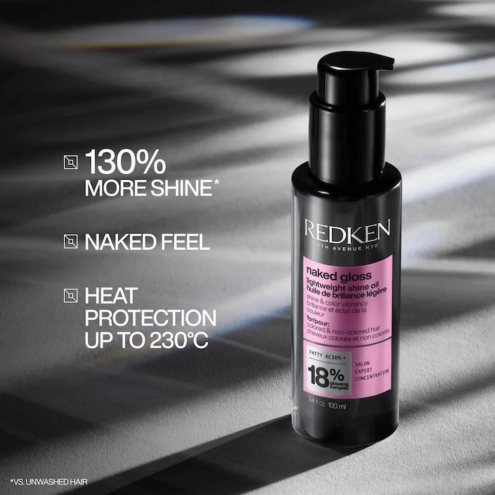 Flacon Naked Gloss Redken – huile légère pour brillance éclat et protection thermique
