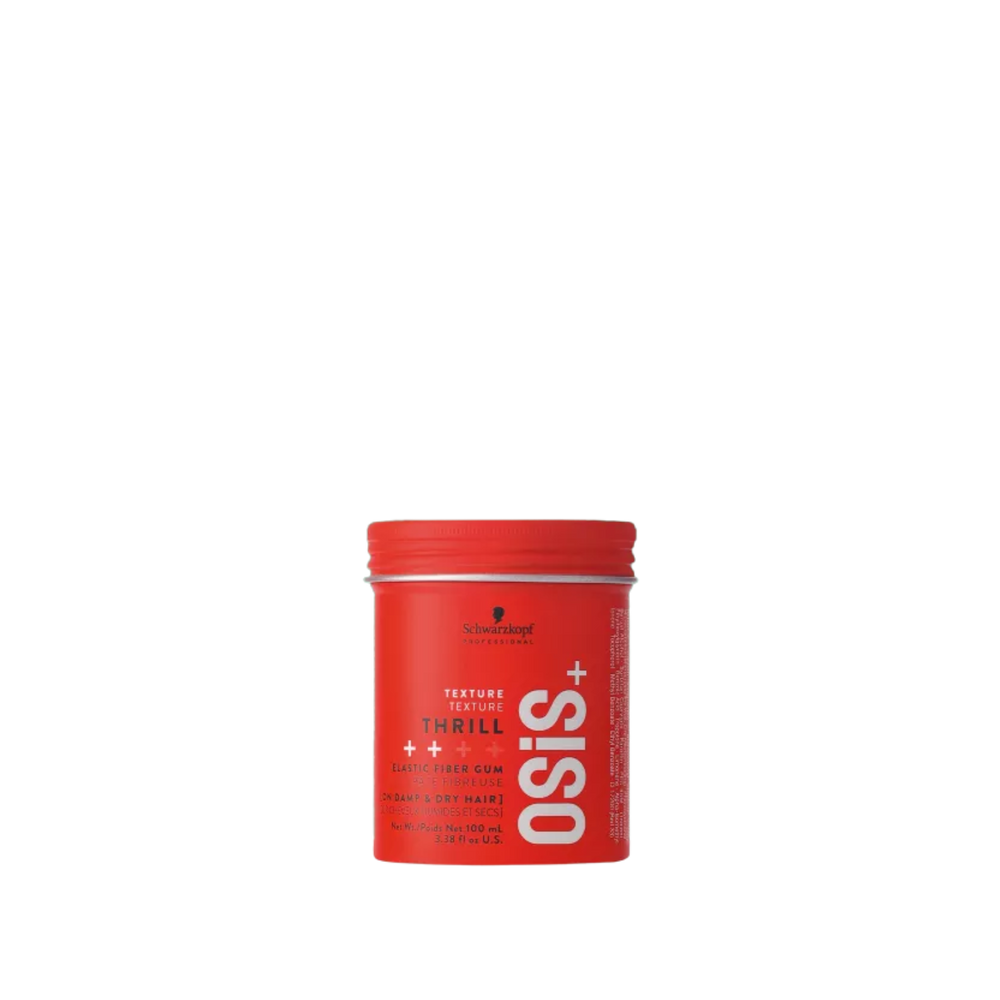 Pot de pâte fibreuse OSiS+ Thrill avec texture souple et finition brillante sur fond clair.