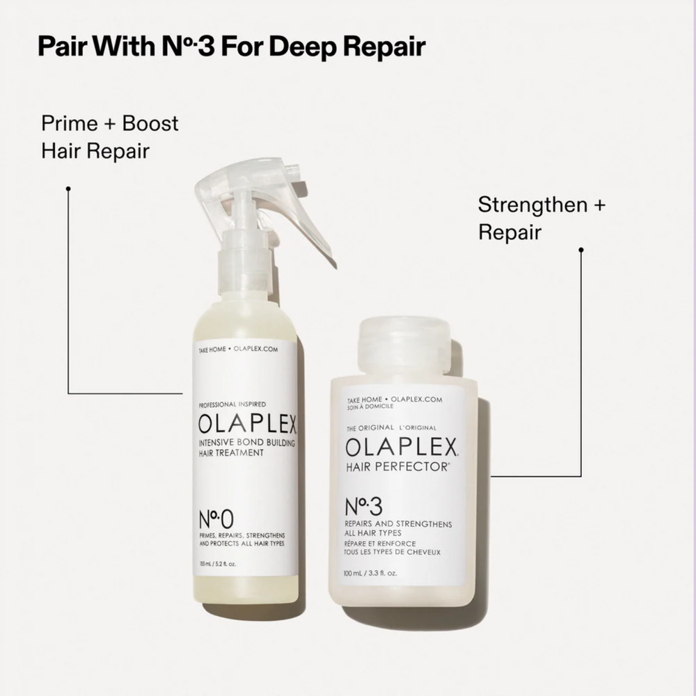 Flacon du traitement Olaplex N° 0 Intensive Bond Building posé sur fond neutre