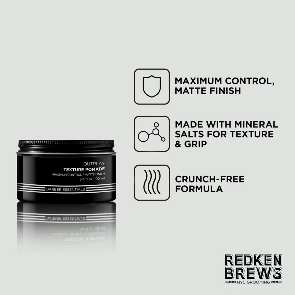 Pot de pommade texturisante Redken Brews Outplay, texture mate, fini naturel, coiffage texturé et adhésif.