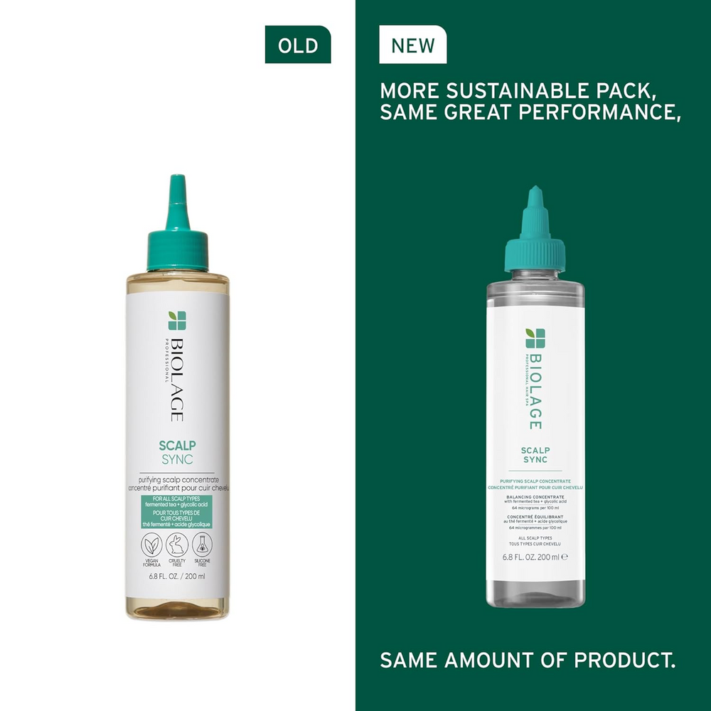 Flacon du Purifying Scalp Concentrate Biolage Scalp Sync, traitement exfoliant pré‑shampooing au thé fermenté et acide glycolique, pour cuir chevelu clarifié et rafraîchi.