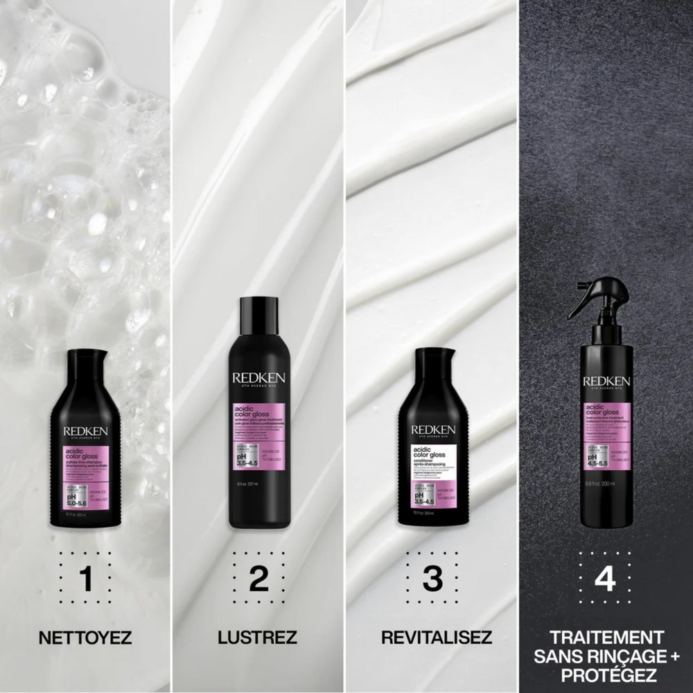 Flacon de l’après-shampooing Redken Acidic Color Gloss sur fond neutre, soin professionnel pour cheveux colorés