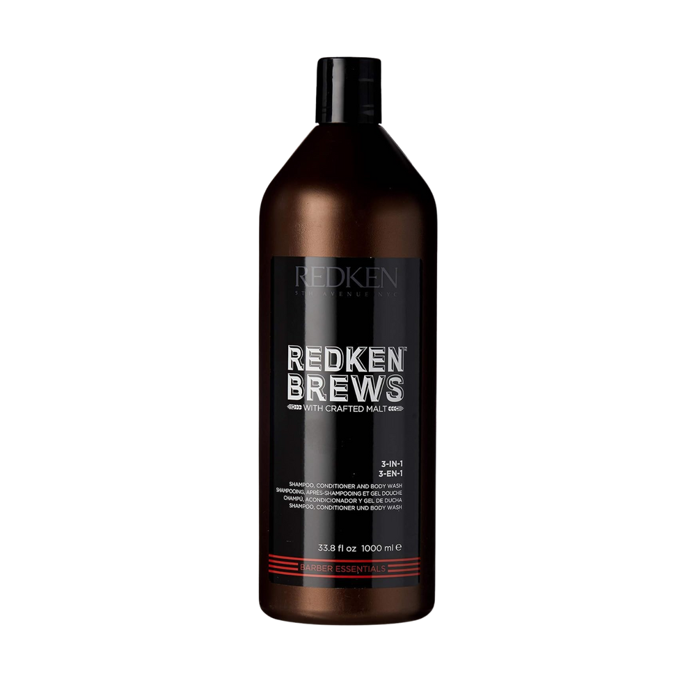 Flacon 3‑en‑1 Redken Brews, étiquette noire et bleue, soin cheveux et corps pour usage quotidien masculin