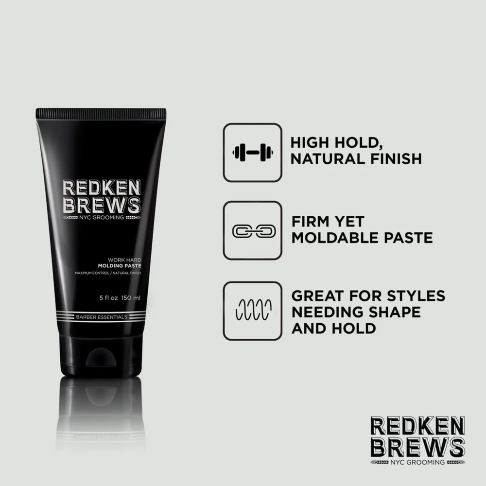 Tube de Redken Brews Work Hard Molding Paste, pâte coiffante tenue ferme