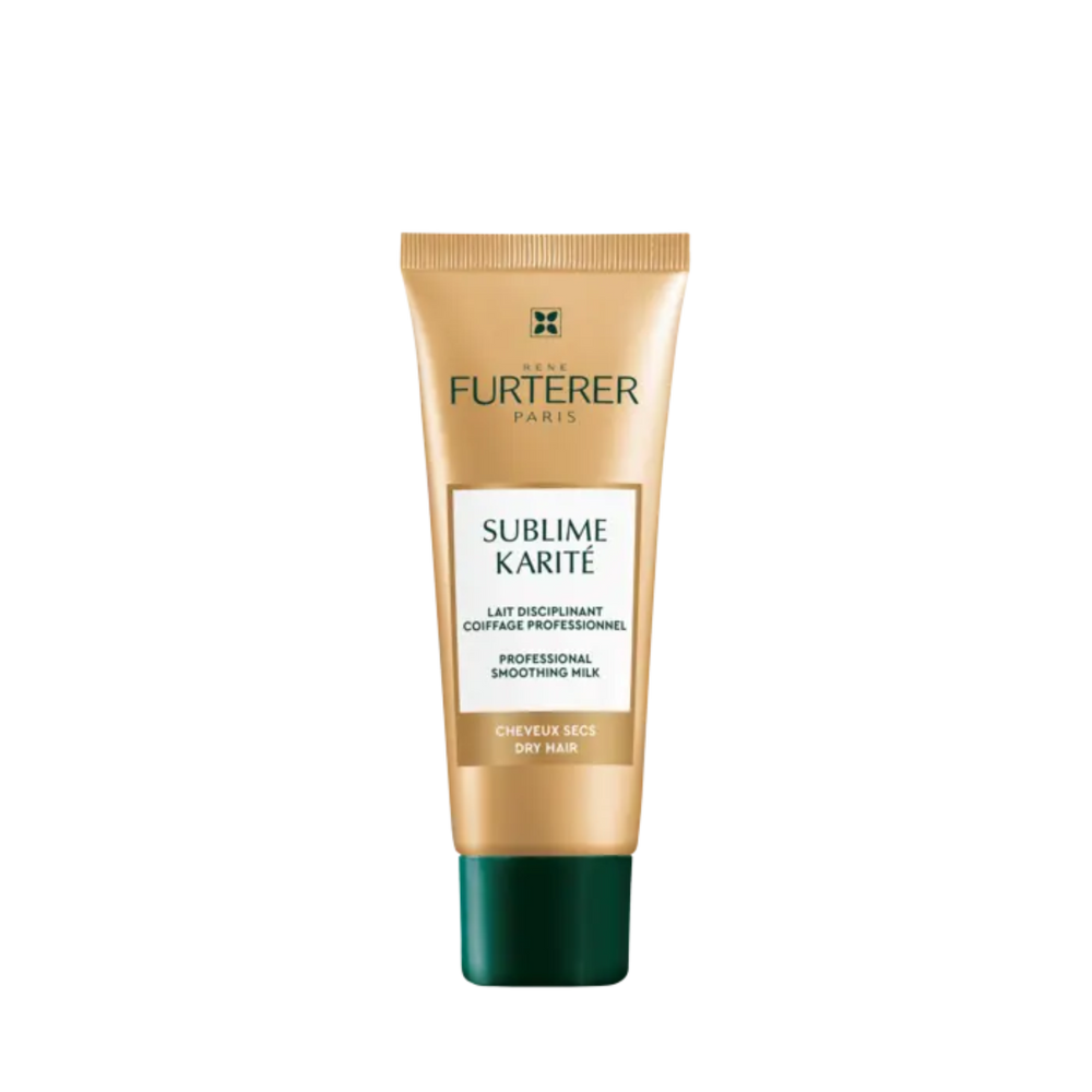 Flacon de 40 ml de lait disciplinant Sublime Karité de René Furterer, pour un coiffage professionnel lisse et hydraté.