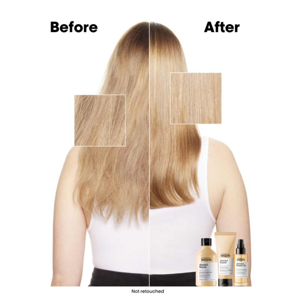 Flacon du Revitalisant Absolut Repair de L'Oréal Professionnel, soin capillaire pour cheveux très endommagés.