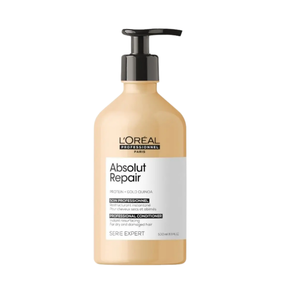 Flacon du Revitalisant Absolut Repair de L'Oréal Professionnel, soin capillaire pour cheveux très endommagés.