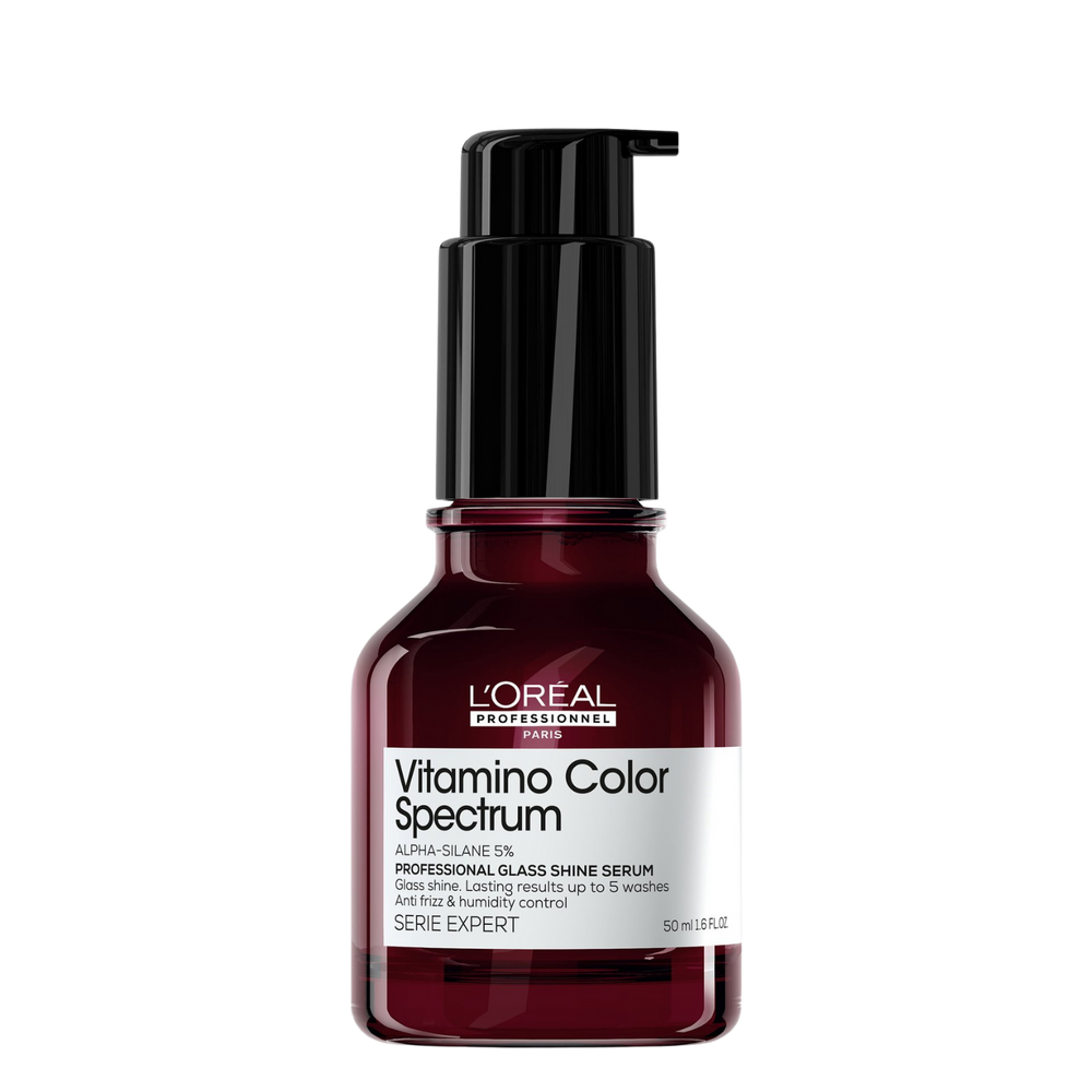 Flacon de sérum Glass Shine Vitamino Color Spectrum L’Oréal Professionnel 50 ml, effet miroir pour cheveux colorés.