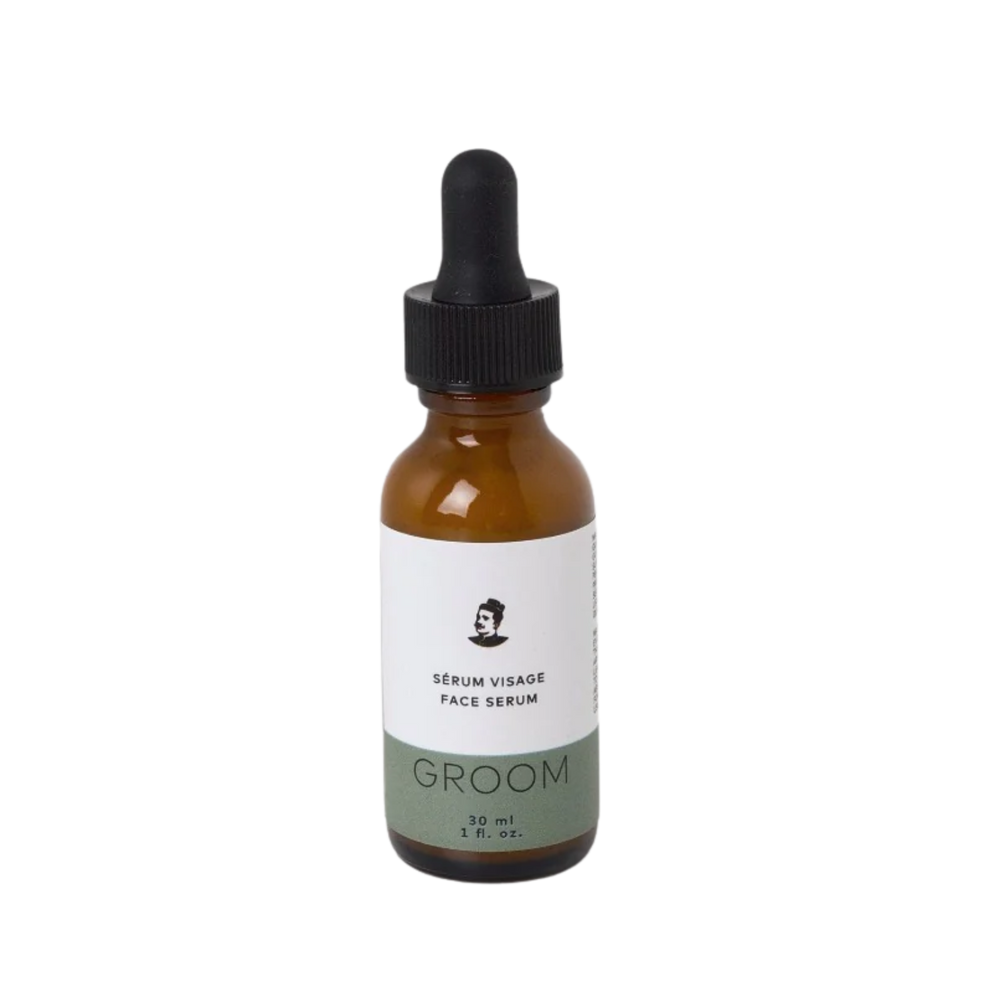 Flacon de 30 ml du Sérum Visage Groom – soin anti-âge naturel pour hommes avec fini mat et parfum de genévrier et sauge