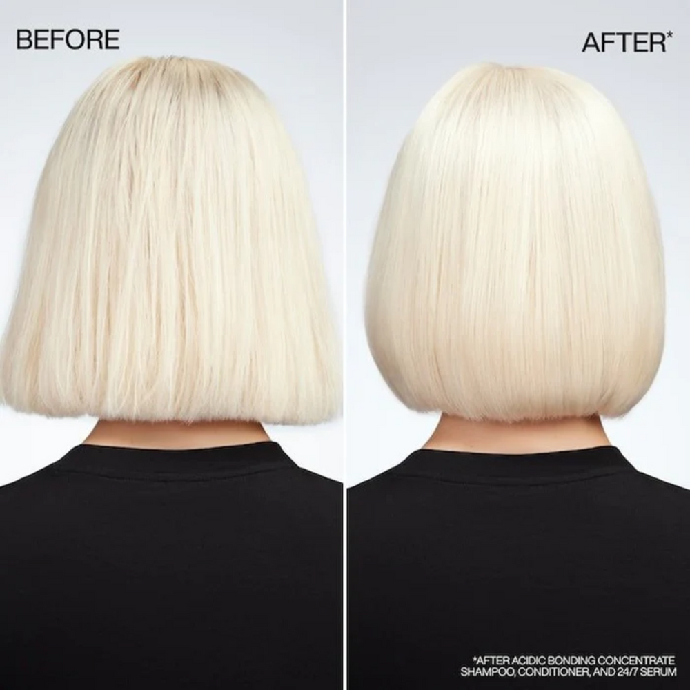 Flacon du sérum jour et nuit Redken Acidic Bonding Concentrate posé sur fond neutre.