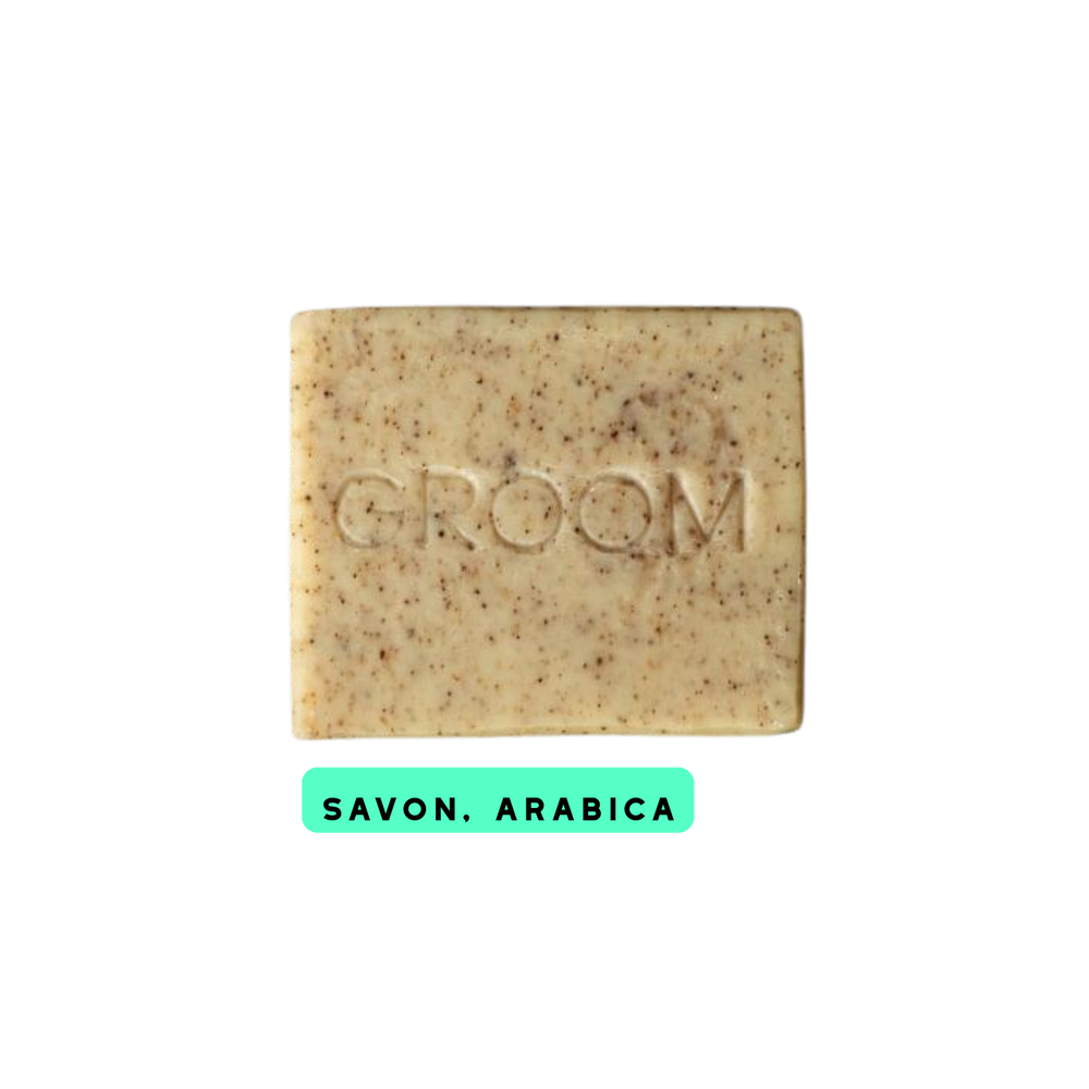 Barre de savon naturel “Arabica” – grains de café visibles, parfum tonique d’eucalyptus, orange amère et café, enrichi en beurre de karité
