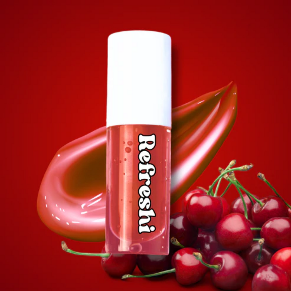 Tube 5 ml Scarlet Red Tinted Lip Oil Refreshi, texture brillante non collante, teinte rouge subtile, bulles anti‑débordement, soin vegan