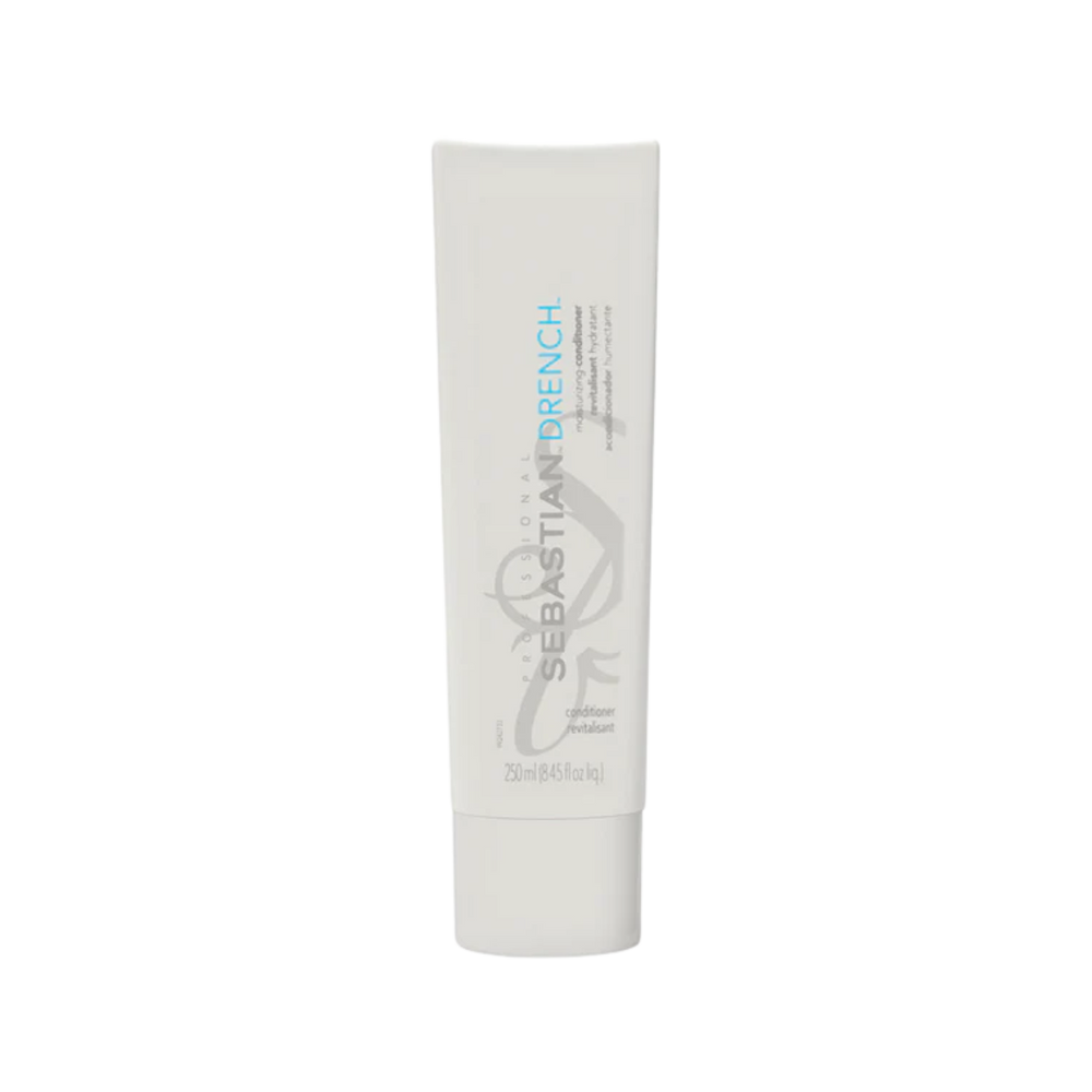 Flacon de Sebastian Drench Moisturizing Conditioner 250 ml, après-shampooing hydratant pour cheveux secs et frisés.