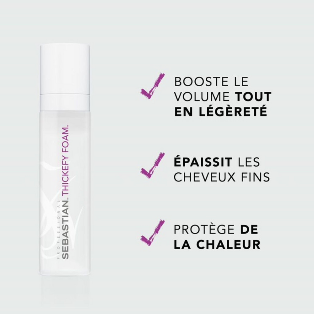 Flacon de 190 ml de Sebastian Thickefy Foam, mousse coiffante professionnelle pour cheveux fins.