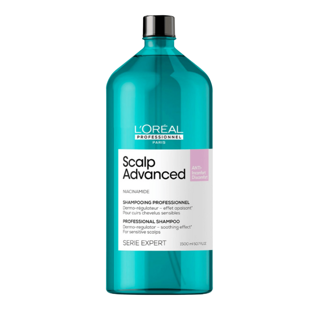 Flacon du Shampoing Dermo-Régulateur Anti-Inconfort Scalp Advanced 500 ml de L'Oréal Professionnel, soin apaisant pour cuir chevelu sensible.