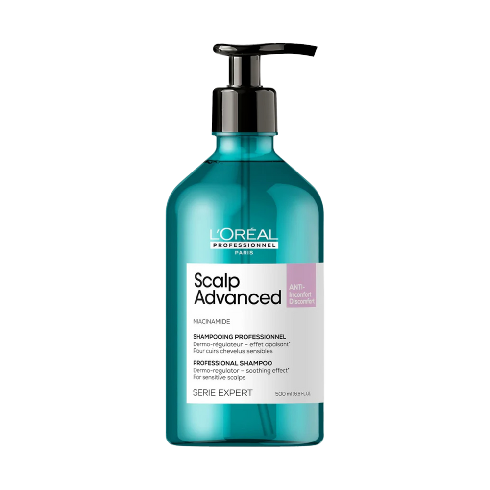 Flacon du Shampoing Dermo-Régulateur Anti-Inconfort Scalp Advanced 500 ml de L'Oréal Professionnel, soin apaisant pour cuir chevelu sensible.