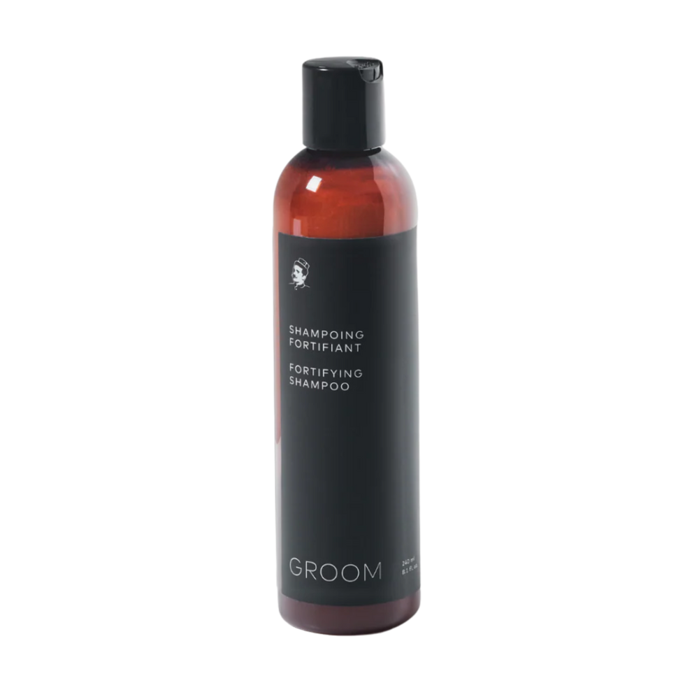 Flacon 240 ml du Shampoing Fortifiant Groom – soin capillaire naturel au riz, argile, jojoba & aloès, parfum agrumes-herbes