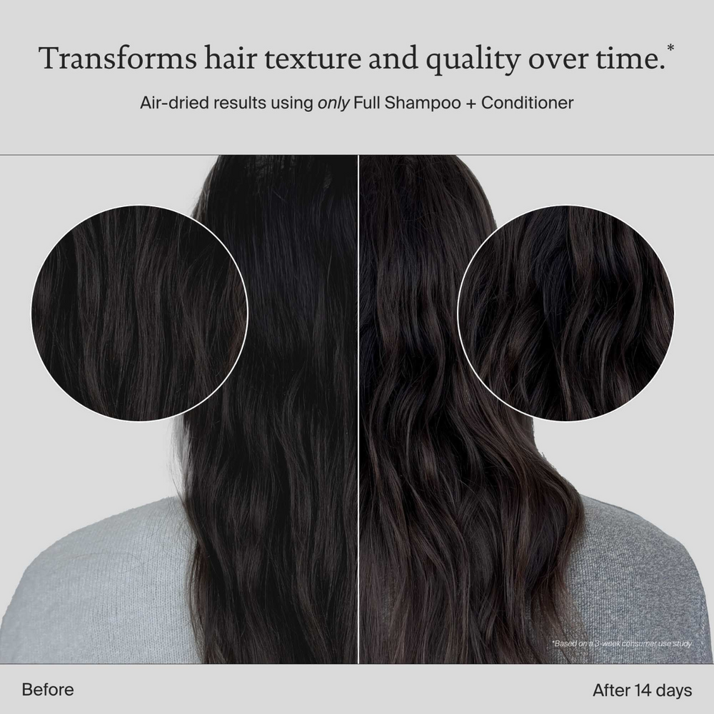 Flacon du shampoing Full Living Proof, blanc et vert, posé sur fond neutre, évoquant volume, légèreté et soin capillaire professionnel.