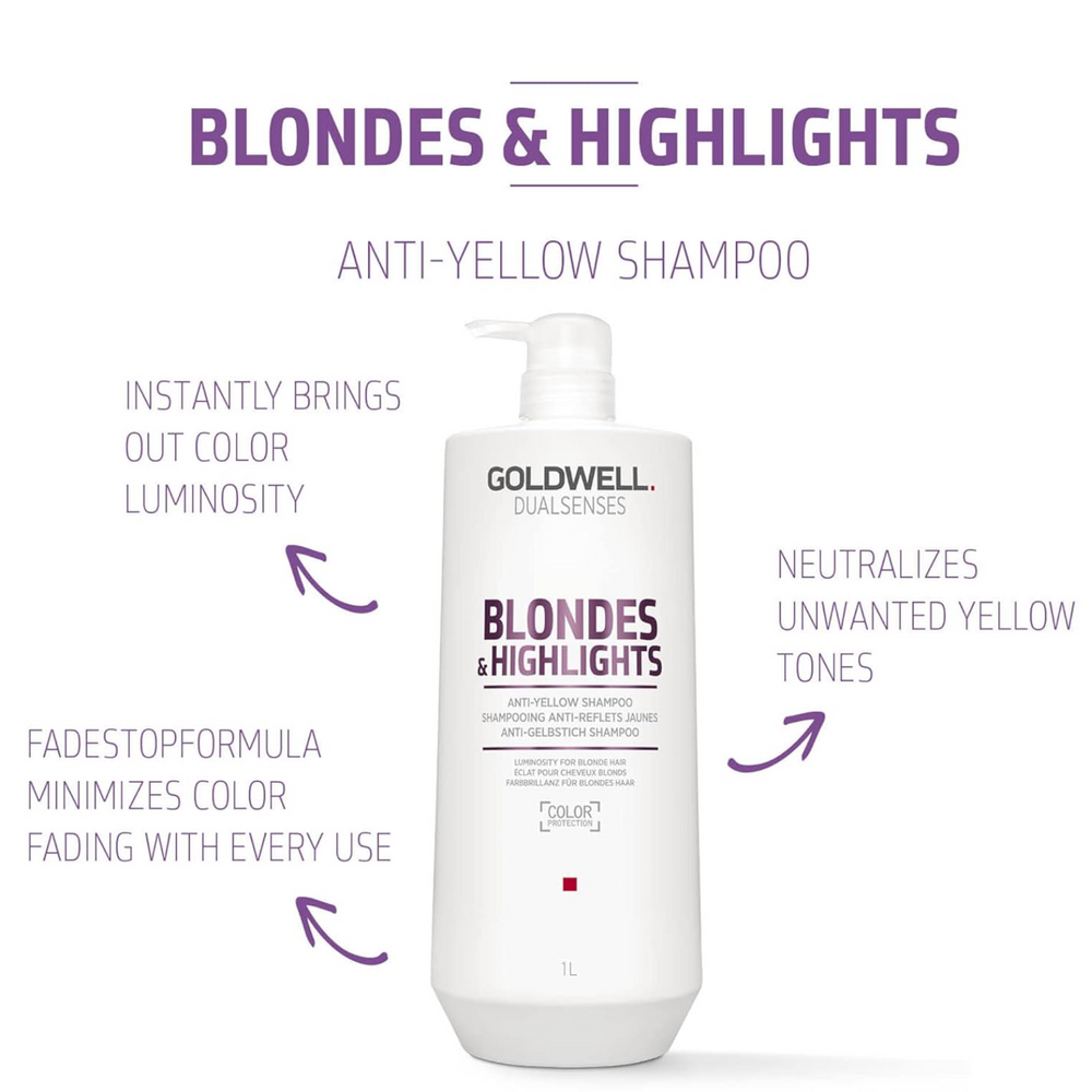 Flacon de 1000 ml du shampoing Goldwell Dualsenses Blondes & Highlights Anti-Yellow pour cheveux blonds