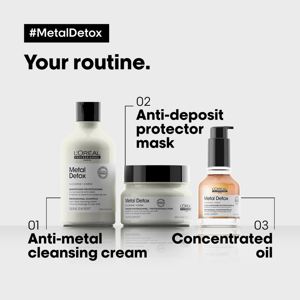 Flacon du Shampoing Metal Detox de L'Oréal Professionnel, soin capillaire anti-métaux pour cheveux colorés.