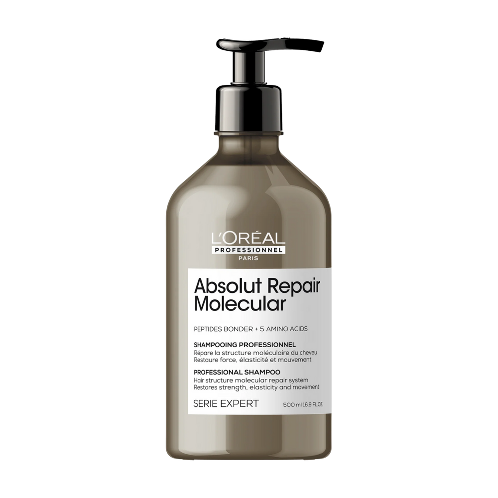 Flacon du Shampoing Réparateur Moléculaire Sans Sulfate Absolut Repair de L'Oréal Professionnel, soin capillaire pour cheveux abîmés.