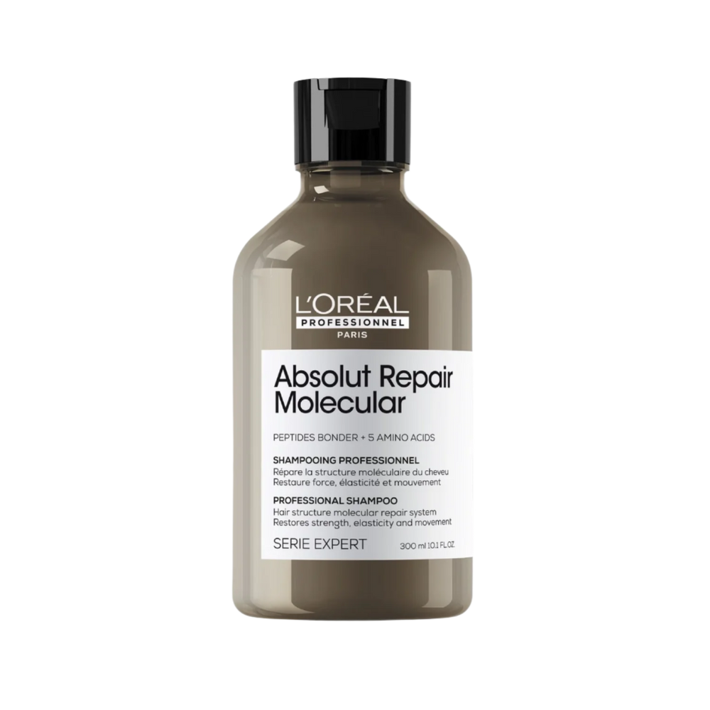 Flacon du Shampoing Réparateur Moléculaire Sans Sulfate Absolut Repair de L'Oréal Professionnel, soin capillaire pour cheveux abîmés.