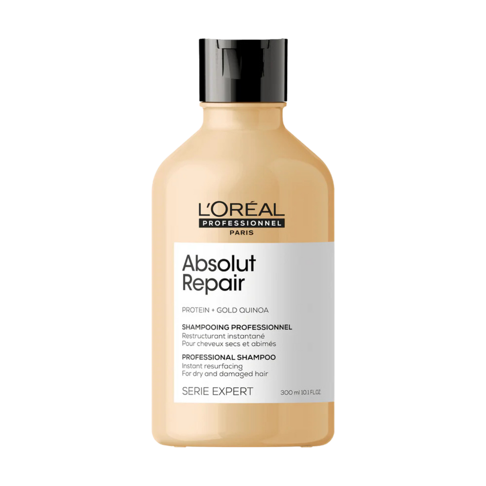 Flacon du Shampoing Restructurant Absolut Repair de L'Oréal Professionnel, soin capillaire pour cheveux très endommagés.