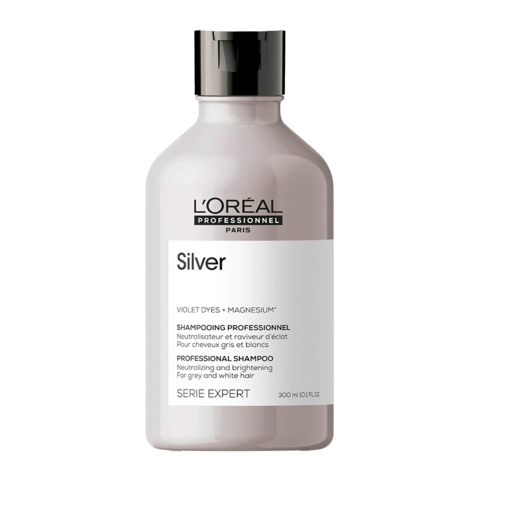 Flacon du Shampoing Silver L'Oréal Professionnel, soin capillaire pour cheveux gris, blancs ou blonds.