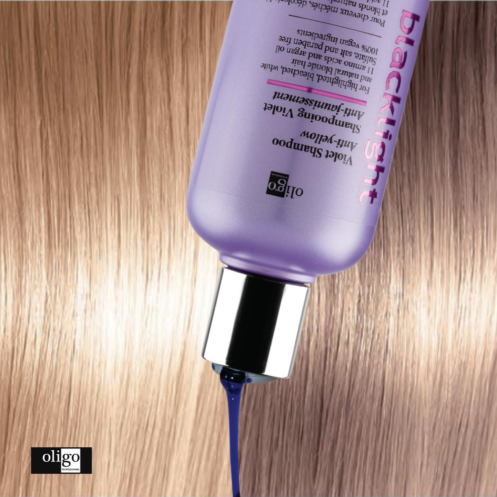 “Flacon Oligo Blacklight Violet Shampoo – shampoing anti‑jaunissement pour cheveux blonds”