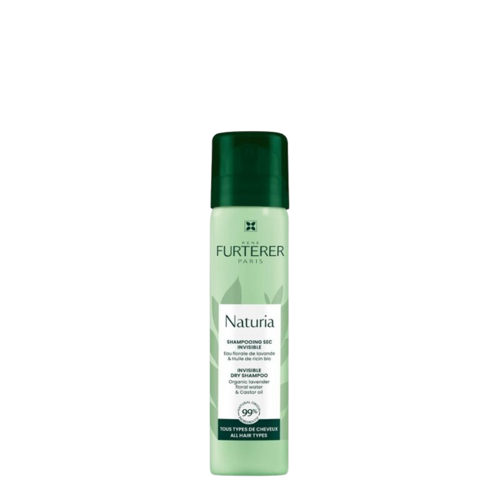 "Bouteille spray René Furterer Naturia shampoing sec invisible 200 ml – flacon blanc avec embout rose poudré"