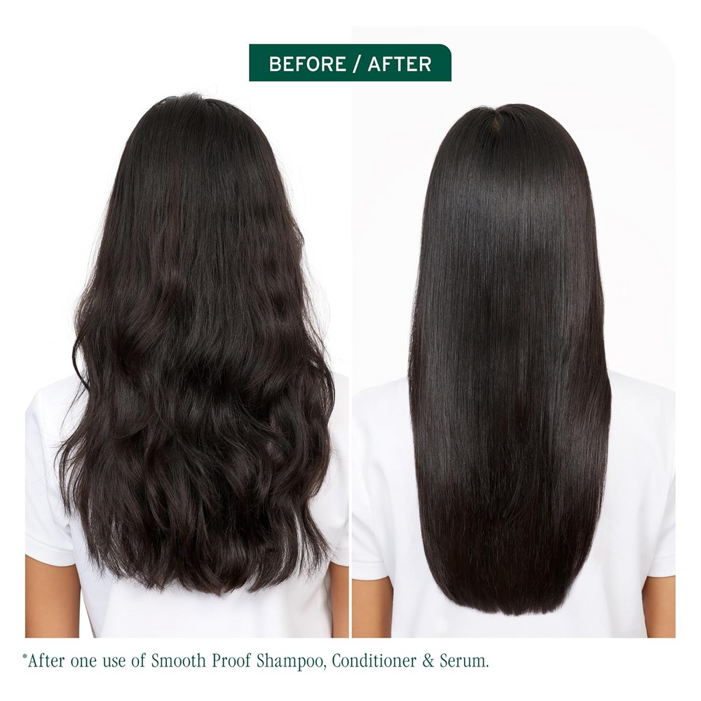 « Flacon de Biolage Smooth Proof Shampoo – anti‑frizz sans silicone, flacon transparent avec capuchon vert, shampooing blond clair »