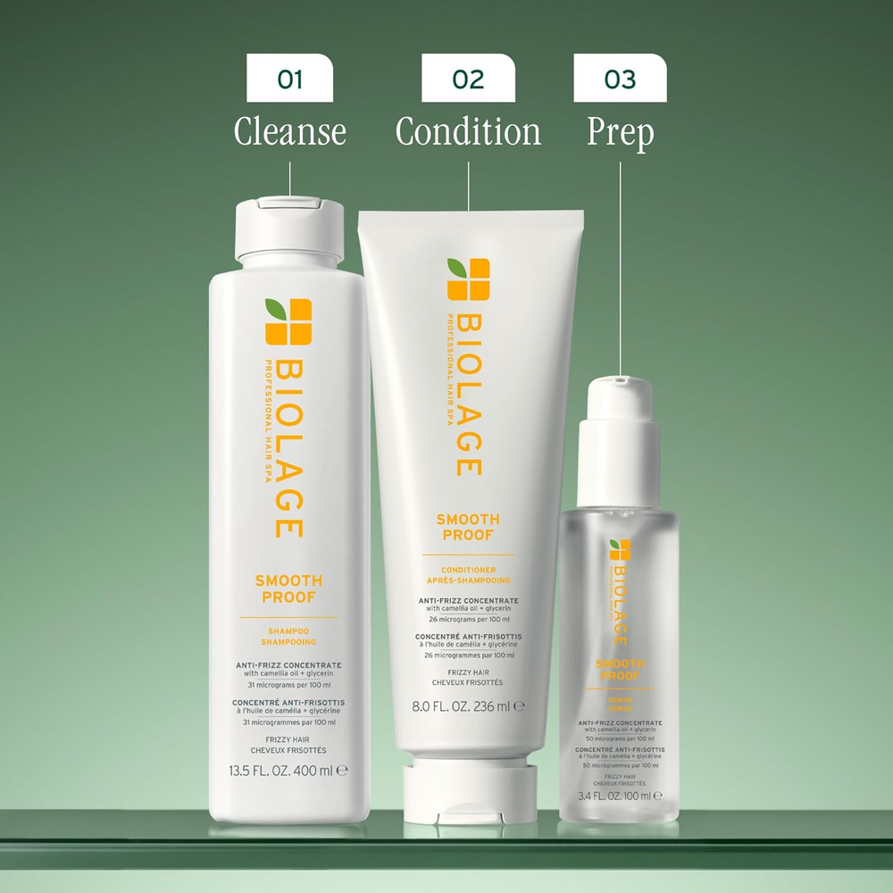 « Flacon de Biolage Smooth Proof Shampoo – anti‑frizz sans silicone, flacon transparent avec capuchon vert, shampooing blond clair »