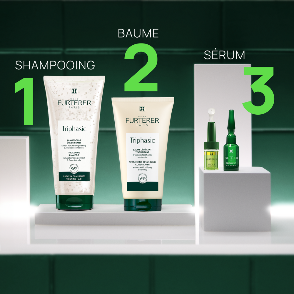 Flacon de 200 ml du Shampooing Triphasic René Furterer, soin épaississant aux huiles essentielles pour cheveux clairsemés