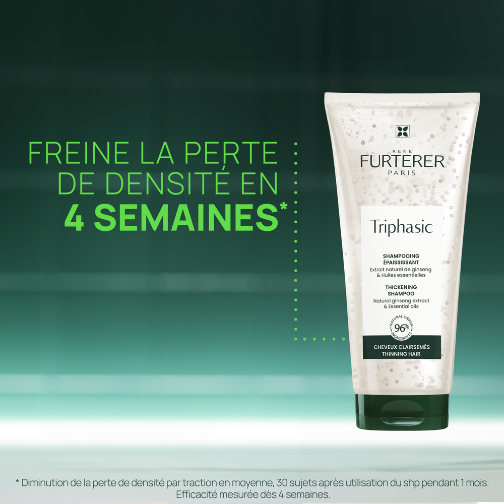 Flacon de 200 ml du Shampooing Triphasic René Furterer, soin épaississant aux huiles essentielles pour cheveux clairsemés