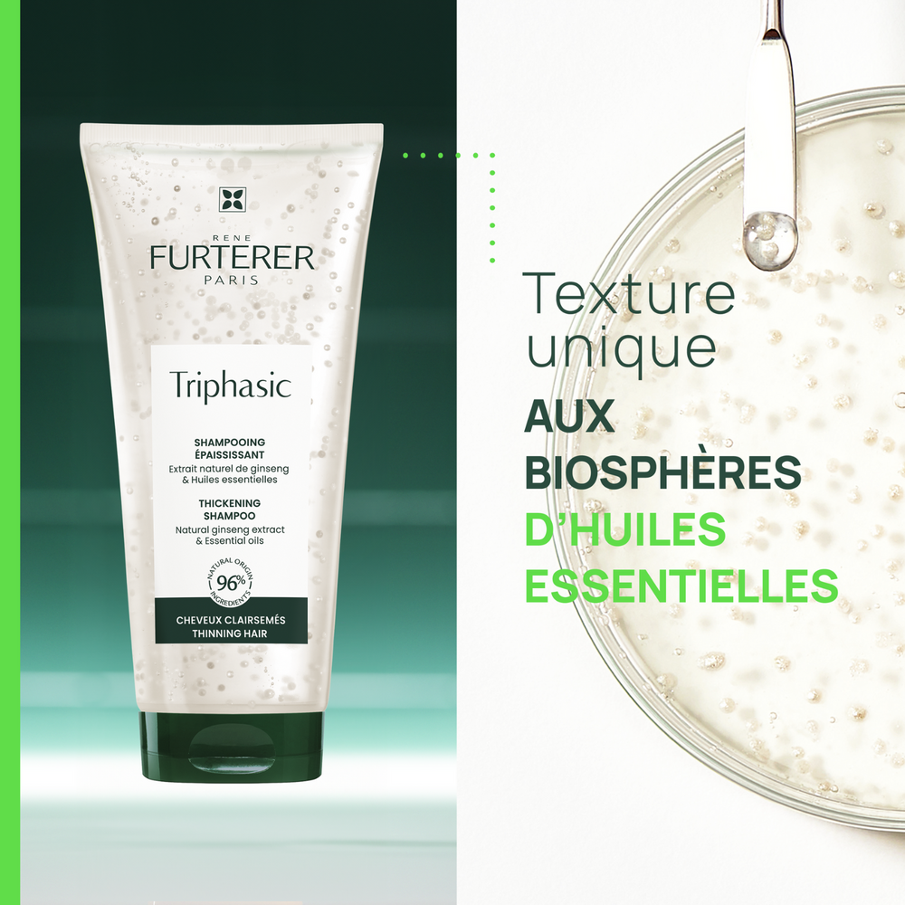 Flacon de 200 ml du Shampooing Triphasic René Furterer, soin épaississant aux huiles essentielles pour cheveux clairsemés