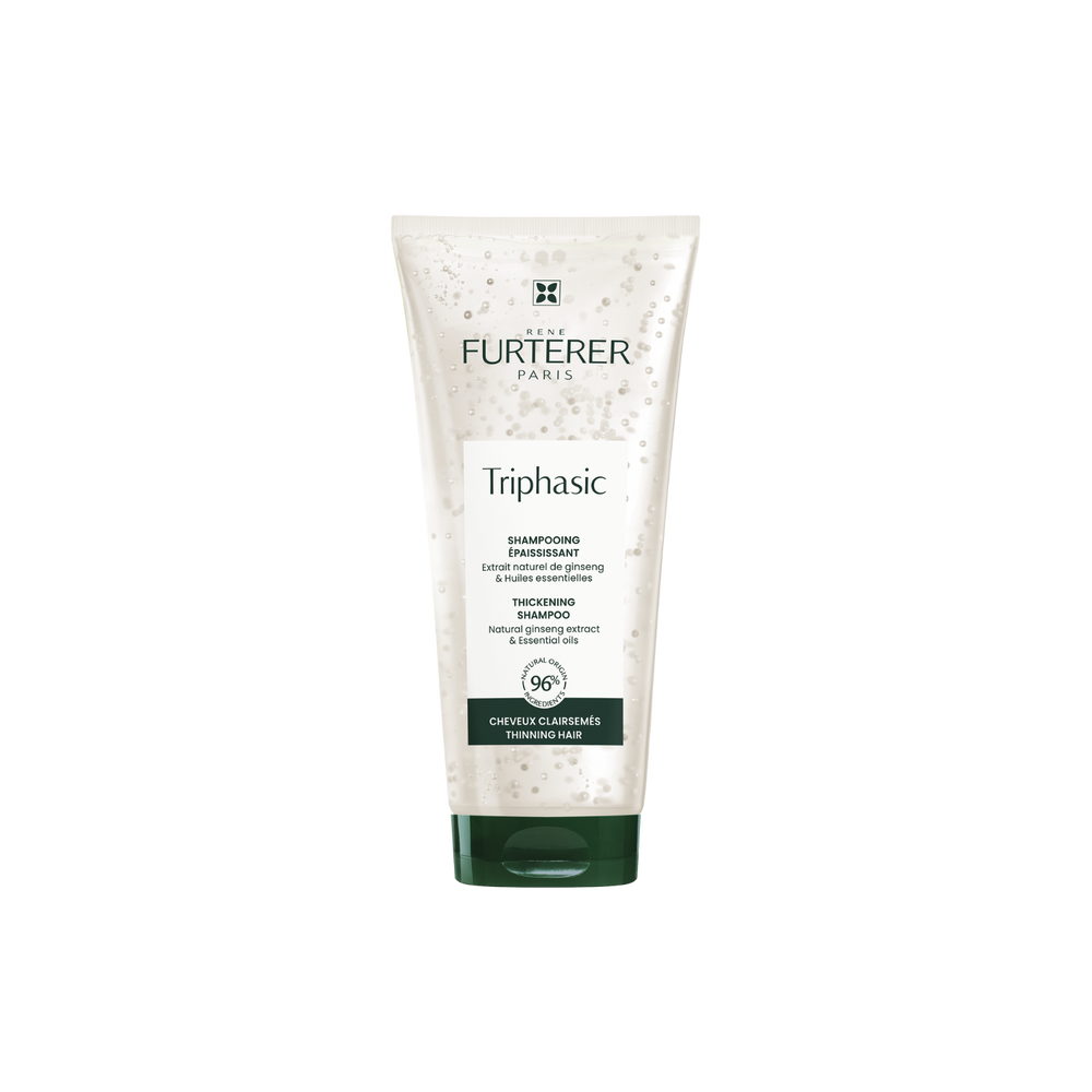 Flacon de 200 ml du Shampooing Triphasic René Furterer, soin épaississant aux huiles essentielles pour cheveux clairsemés