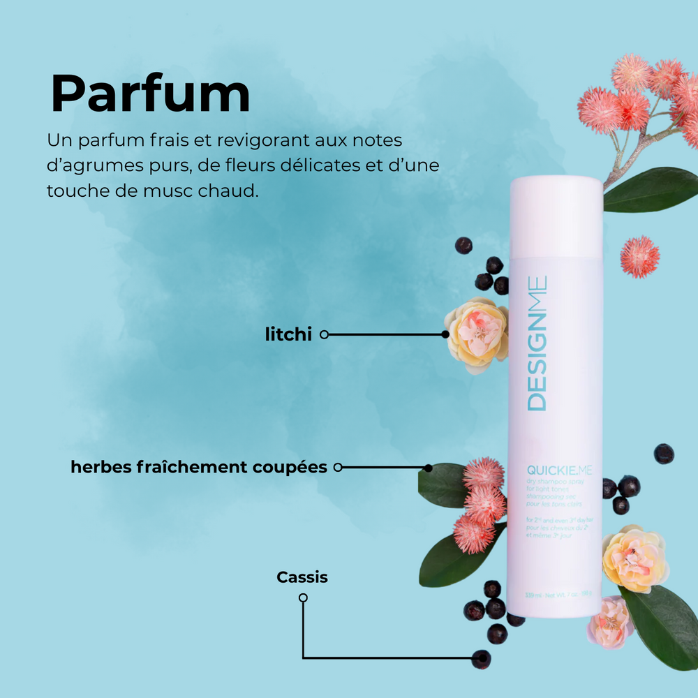 Shampooing sec QUICKIE.ME pour cheveux clairs – spray vegan invisible, absorbe sébum et ravive volume sans traces blanches