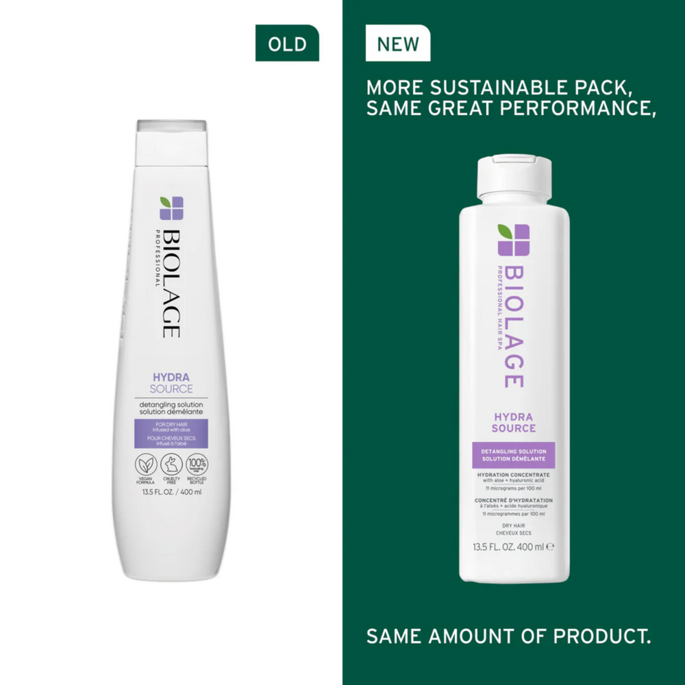 Flacon de 400 ml de la Solution démêlante Hydra Source Biolage – soin hydratant sans parabènes pour cheveux secs, démêlé facile et frisottis maîtrisés.