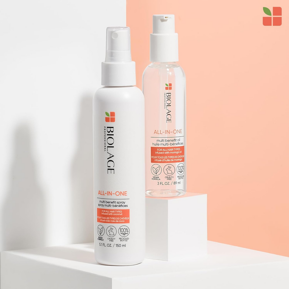 Spray Biolage Coconut Infusion Multi‑Benefit – flacon léger, texture de spray, soin 7‑en‑1 pour cheveux brillants, hydratés et anti‑frizz